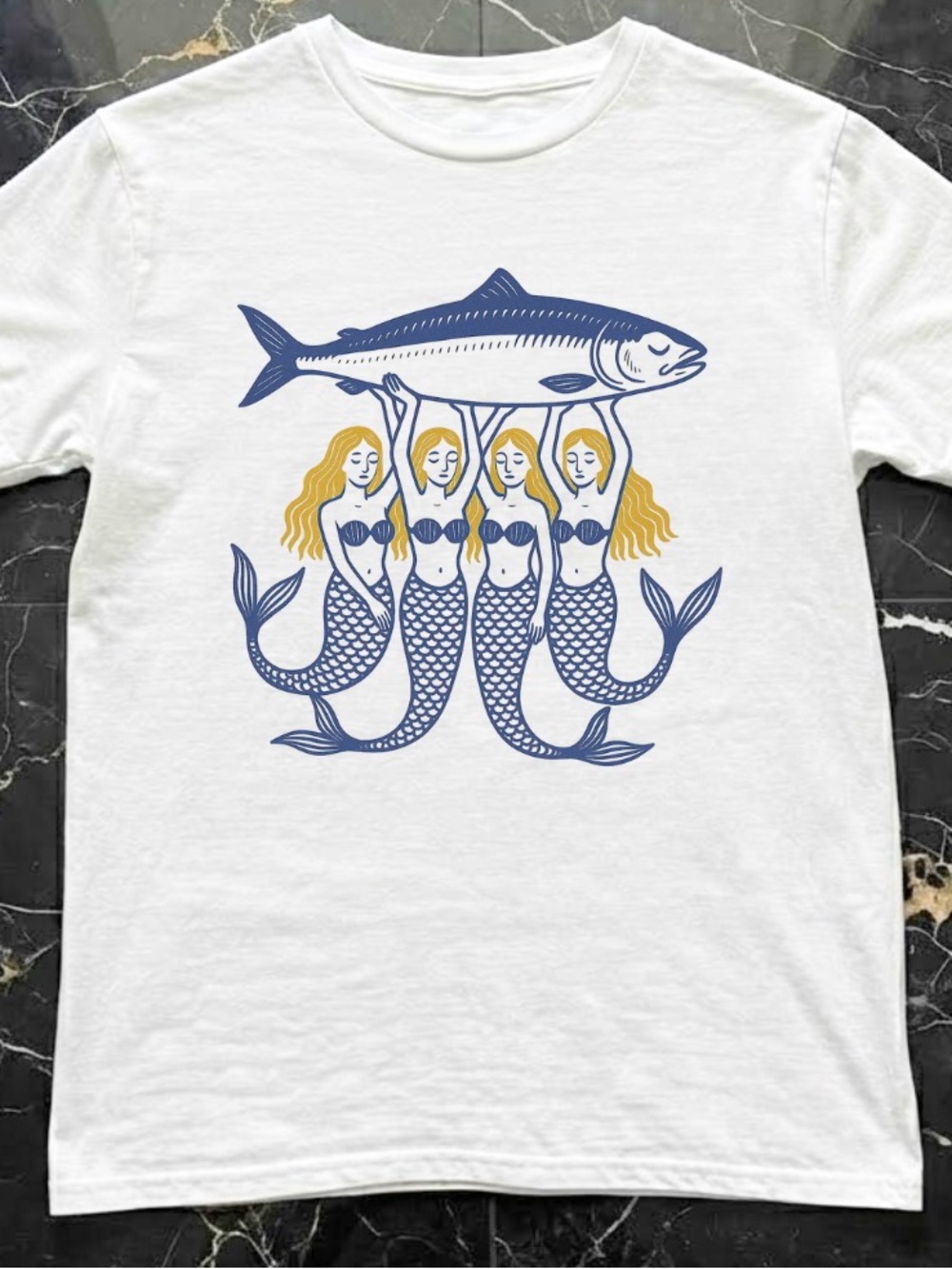 Four Mermaids Blue Line Drawing Fish T- Shirt